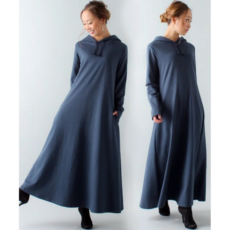 Women’s Maxi Pleated Dress with Pockets | Korean Fashion Winter Hooded Dress Mavy