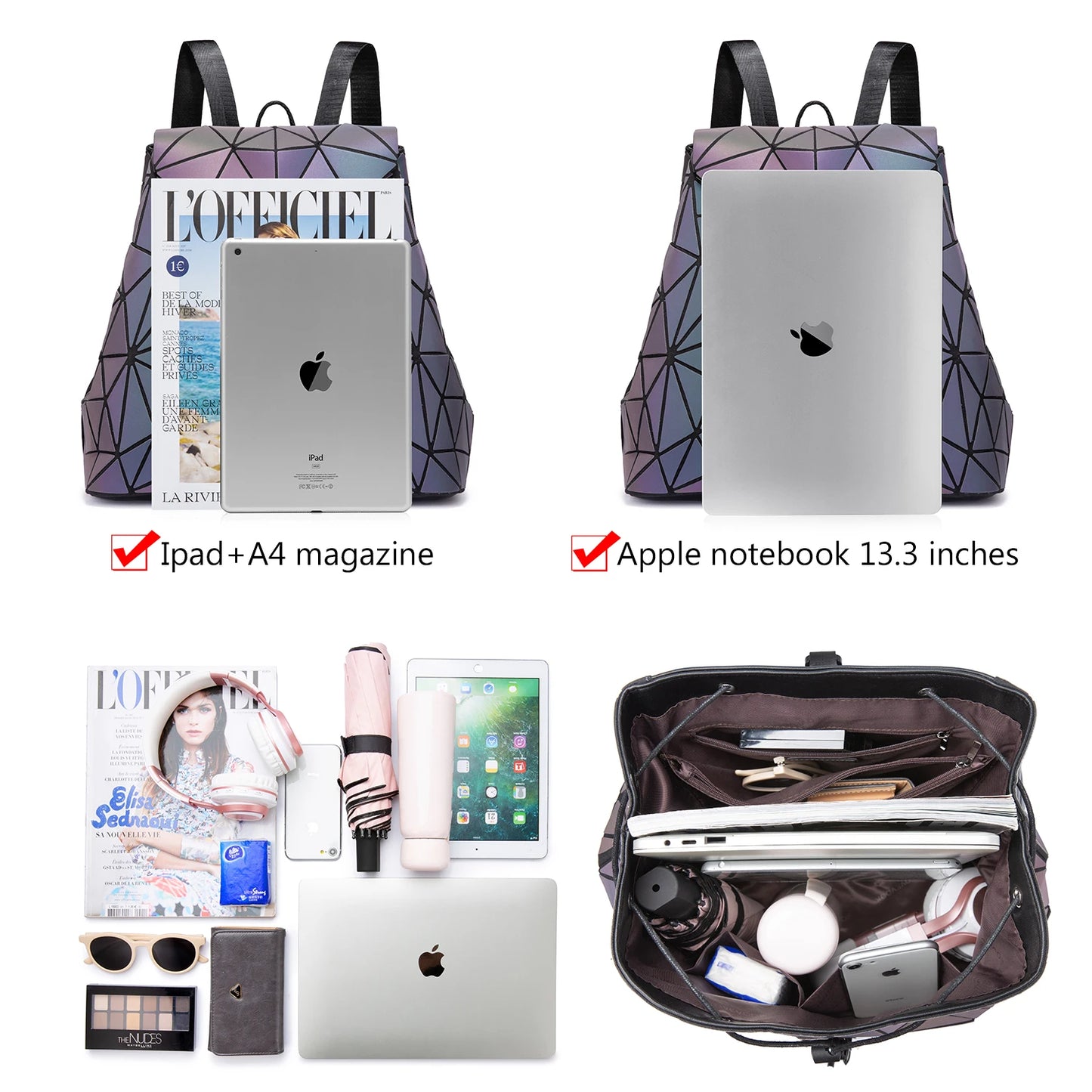 Women Reflective Back Pack Set Crossbody Bags for Ladies Girl Geometric Luminous School Backpack Sasha