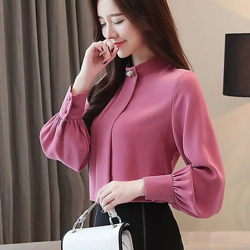 Women's Long Sleeve Chiffon Blouse – Solid Color Formal Loose-Fit Button-Up Shirt Maya