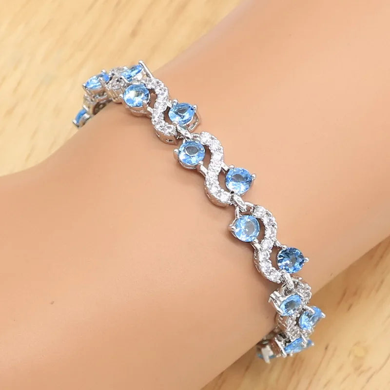 925 Sterling Silver Luxury Jewelry Set for Women – Blue Zircon Wedding Bracelet, Earrings, Necklace, Pendant & Ring | Bridal & Birthday Gift Ghislaine