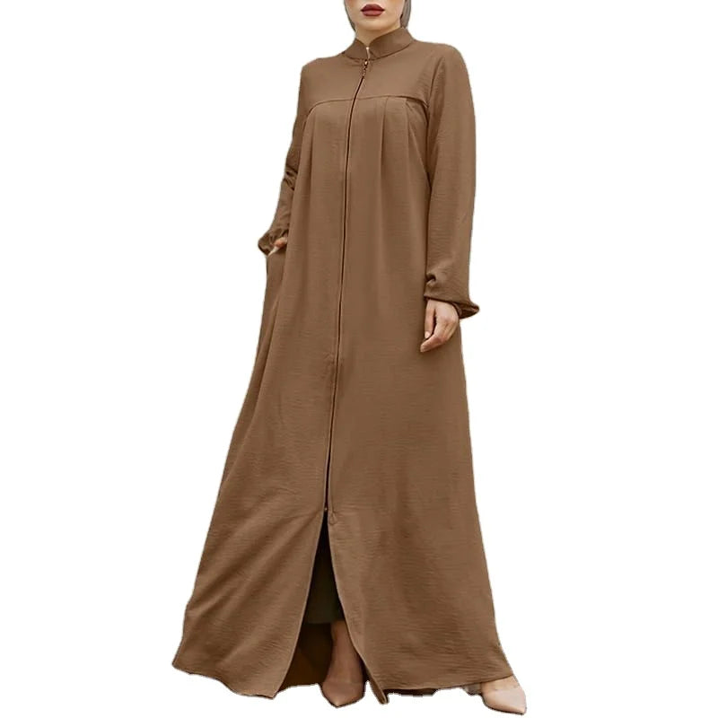 Women's Muslim Arab Style Long Dress – Elegant Abaya with Stand Collar, Zipper, Pockets, and Casual Coat Design Ameerah