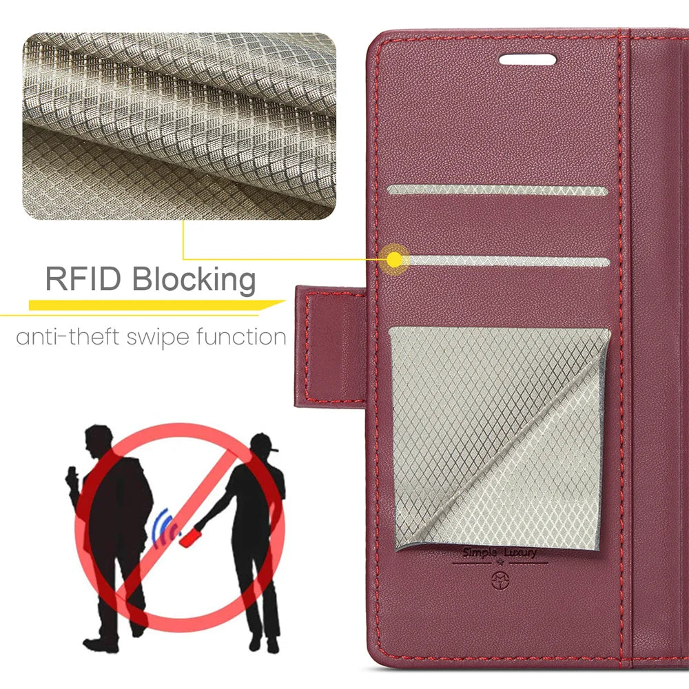 Magnetic Shockproof Leather Wallet Case – Luxury Kickstand with RFID Blocking for iPhone 14, 13, 12 Pro Max