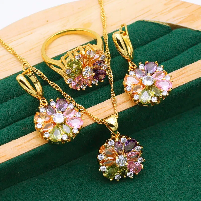 Gold-Plated Silver Wedding Jewelry Set for Women – Multi-Color Zircon Earrings, Bracelet, Pendant Necklace, and Ring Gift Aurelie