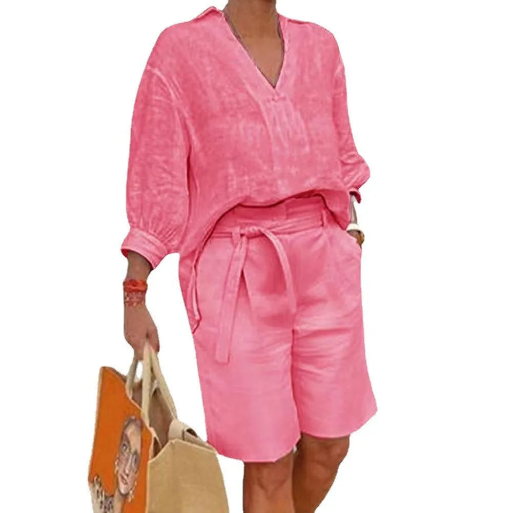 Women's Summer Cotton Linen Set | V-Neck Loose Shirt & Casual Shorts Bea