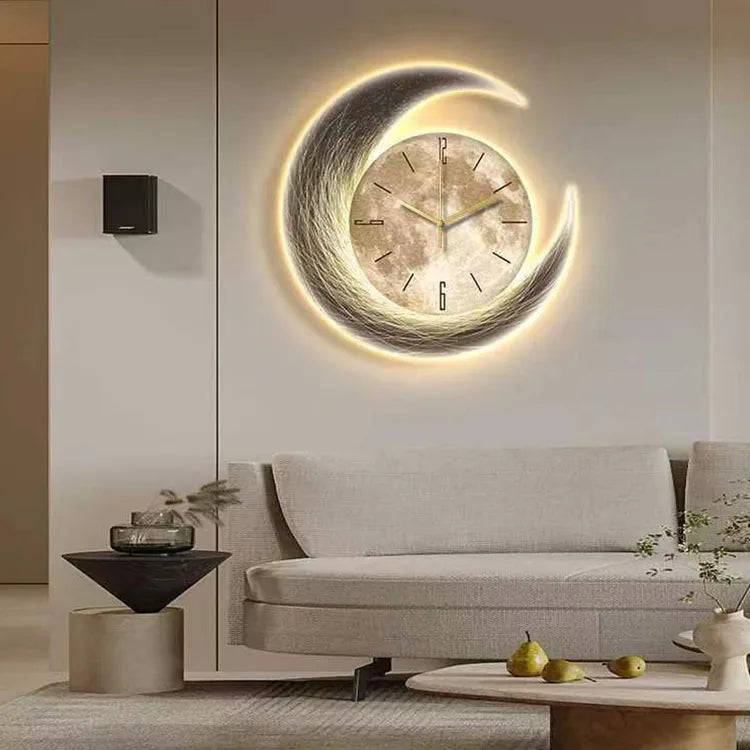 Modern Luxury Wall Clock with Night Light – Moon Design Decorative Clock for Living Room, Dining Room, and Home Decor