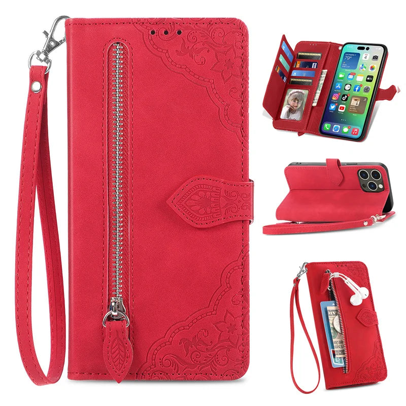 Luxury PU Leather Wallet Phone Case | Zipper Card Holder with Butterfly Flower Design & Strap for iPhone 16, 15, 14 Pro and Samsung
