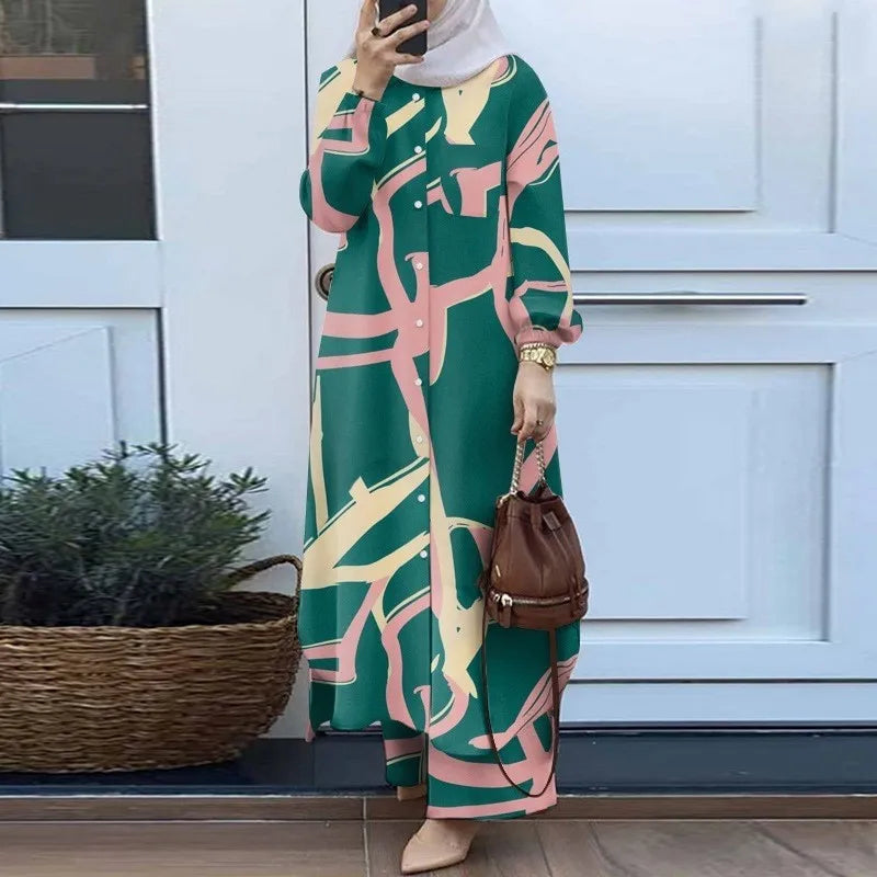 Muslim Women's Arabic Style Two-Piece Outfit – Long-Sleeve Shirt and Trousers Set for Modest Fashion Hiba