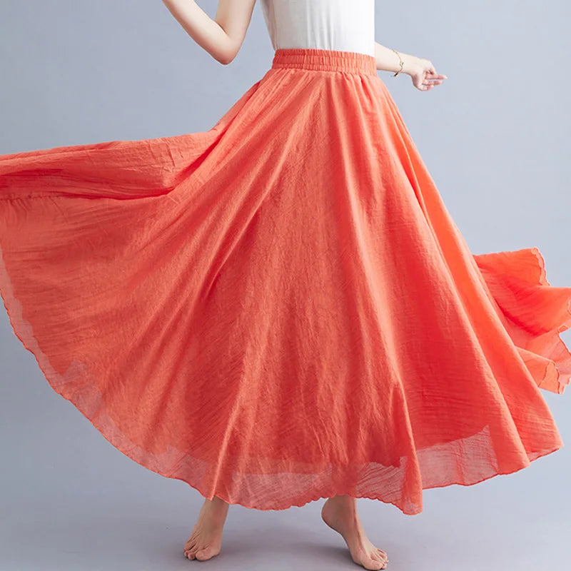 Women Loose Cotton Linen Elastic Waist A-line Solid Color Pleated Skirt