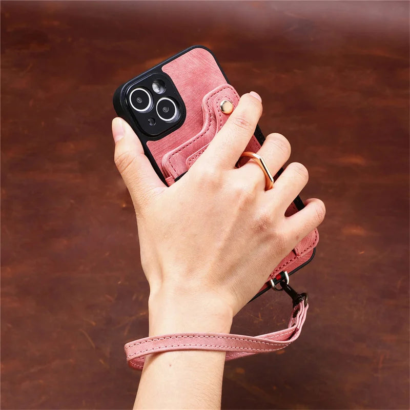 Leather Card Holder Phone Case – Protective Cover with Strap for iPhone 15, 14, 13