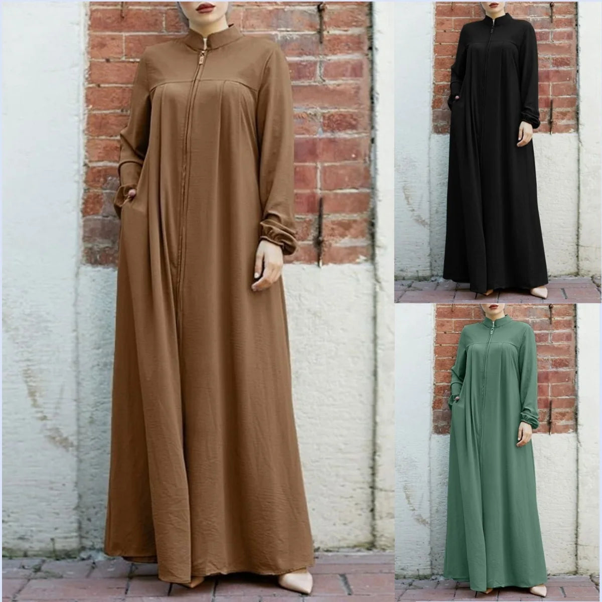 Women's Muslim Arab Style Long Dress – Elegant Abaya with Stand Collar, Zipper, Pockets, and Casual Coat Design Ameerah