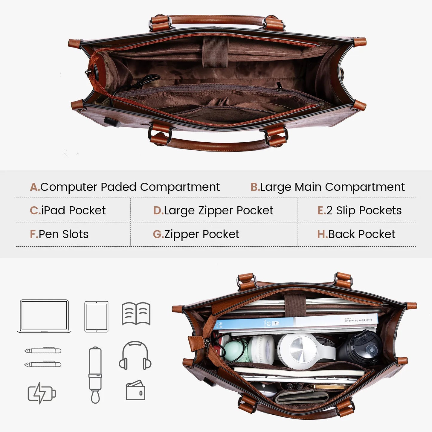 Vintage Leather Laptop Tote Bag – Large Capacity Business Handbag for Women, Stylish Work Bag & Computer Bag