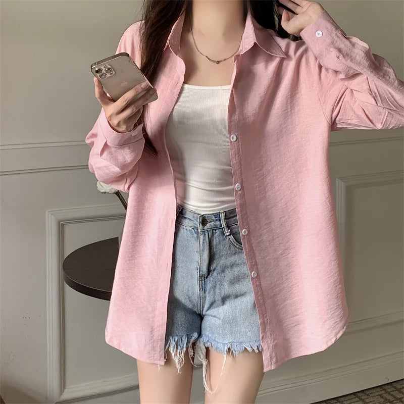 Women's Lightweight Long-Sleeve Shirt | Loose Korean-Style Single-Breasted Blouse Kara