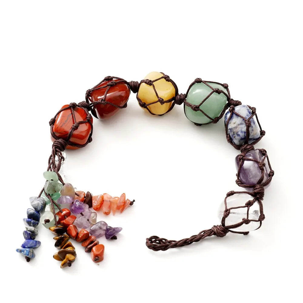 7 Chakra Irregular Natural Stone Pendant – Multicolor Handwoven Seven Chakra Energy Healing Crystal Gemstone Car Charm