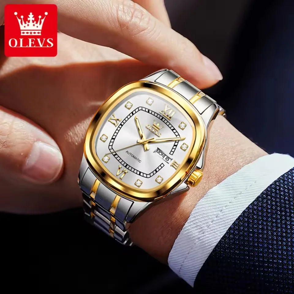OLEVS 9810 Men's Automatic Mechanical Watch - Waterproof Stainless Steel Square Dial with Luminous Display & Calendar