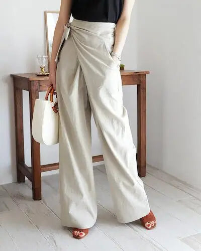 Women's Casual High-Waist Lace-Up Wide-Leg Pants - Solid Color, Loose Fit