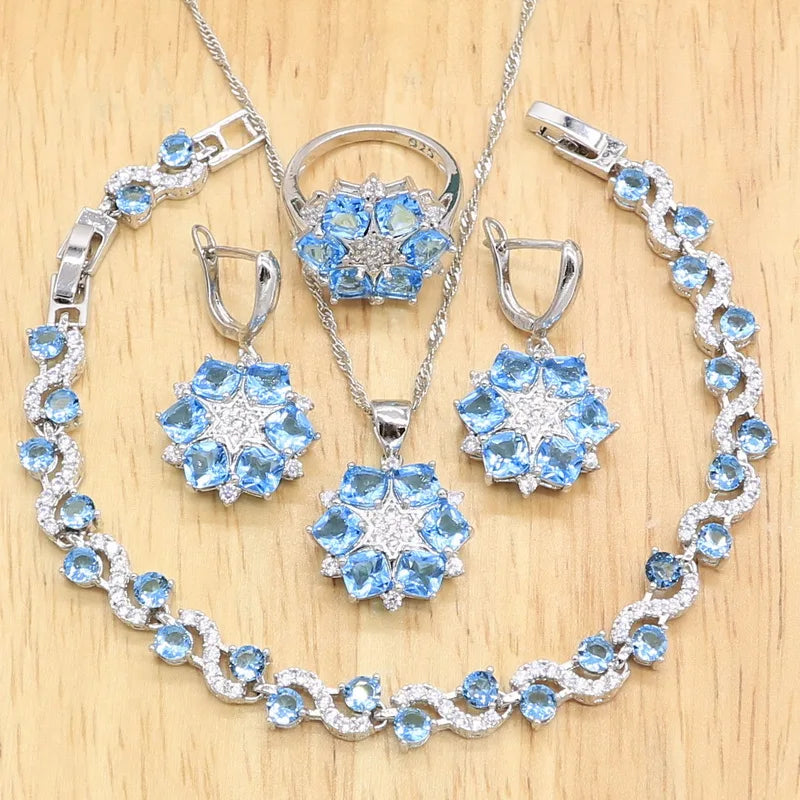 925 Sterling Silver Luxury Jewelry Set for Women – Blue Zircon Wedding Bracelet, Earrings, Necklace, Pendant & Ring | Bridal & Birthday Gift Ghislaine