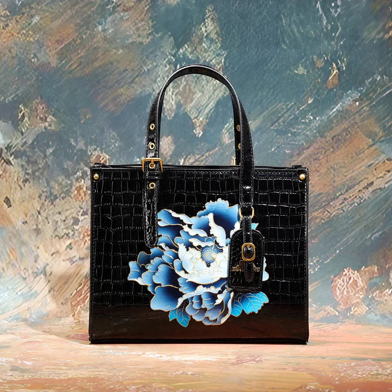 Women's Square Tote Handbag with Fashionable Floral Print, Adjustable Handle, and Zipper Closure Caterina