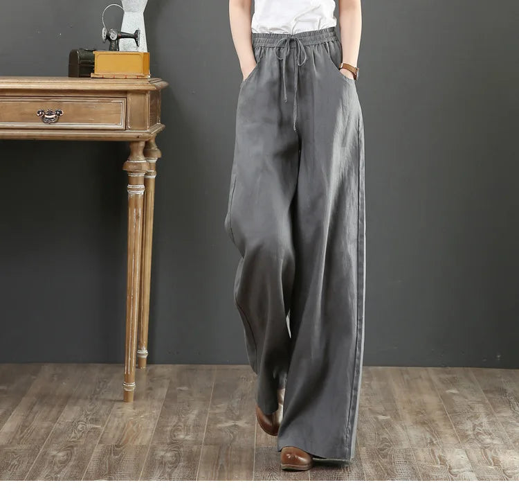 Women's Retro High-Waist Wide-Leg Cotton Linen Pants - Loose Fit, Plus Size Casual Trousers