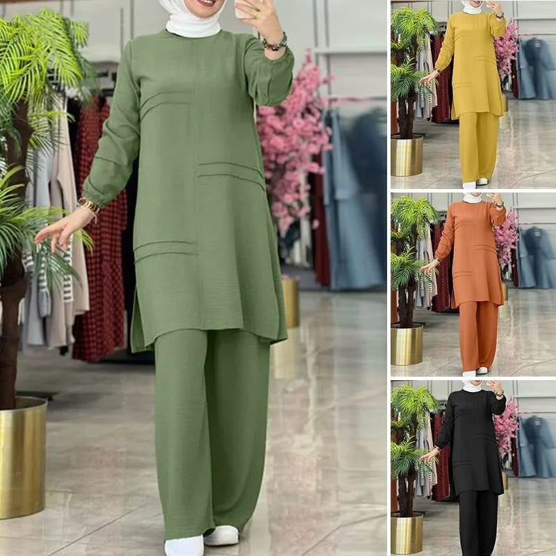 Elegant Muslim Women's Two-Piece Set – Long-Sleeved Shirt & Wide-Leg Pants | Modest Solid Color Outfit Ceyda