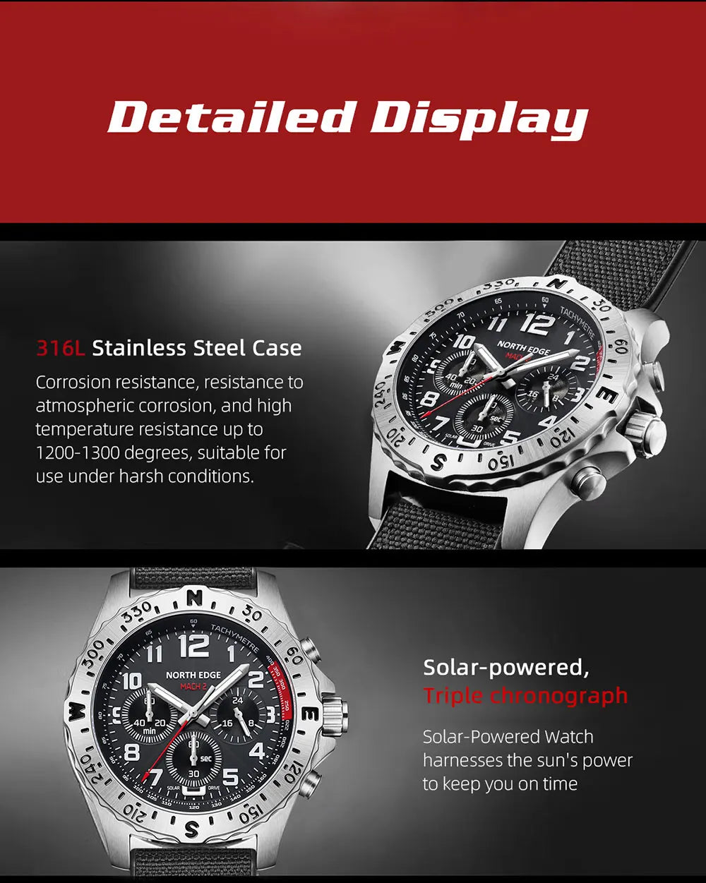 North Edge Mach2 Sports Watch – Solar-Powered Waterproof Chronograph with Stainless Steel Design