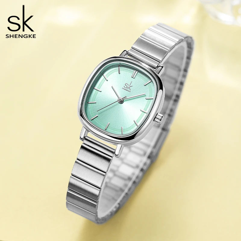 Shengke Women's Fashion Square Quartz Watch – Elegant Gold & Rose Gold Bracelet Watch, Minimalist Stainless Steel Design