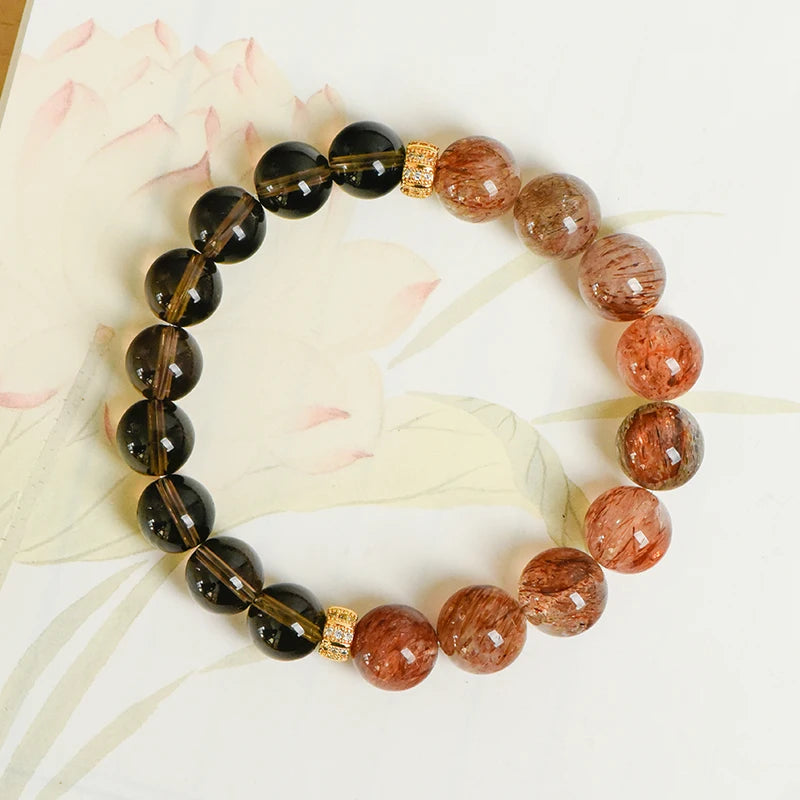 High-Quality Super Seven Energy Bracelet – Natural Smoky Quartz & Black Gold Beaded Religious Jewelry for Healing and Wealth