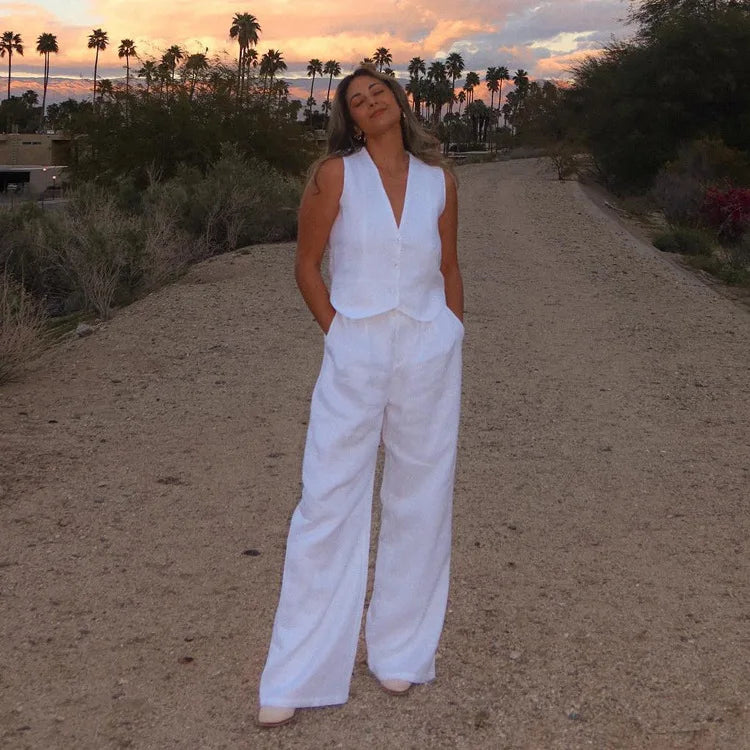 Summer White Linen Two-Piece Set for Women | Fashion Sleeveless Tank Top with High-Waist Wide-Leg Pants Myles