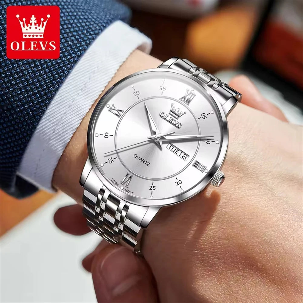 OLEVS 3680 Men's Quartz Watch – Original Movement, Stainless Steel, Waterproof, Luminous Large Dial, Date Function, New Design