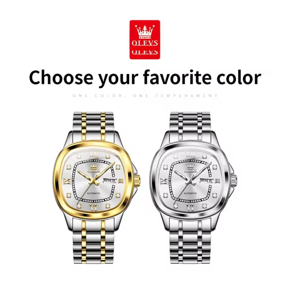 OLEVS 9810 Men's Automatic Mechanical Watch - Waterproof Stainless Steel Square Dial with Luminous Display & Calendar