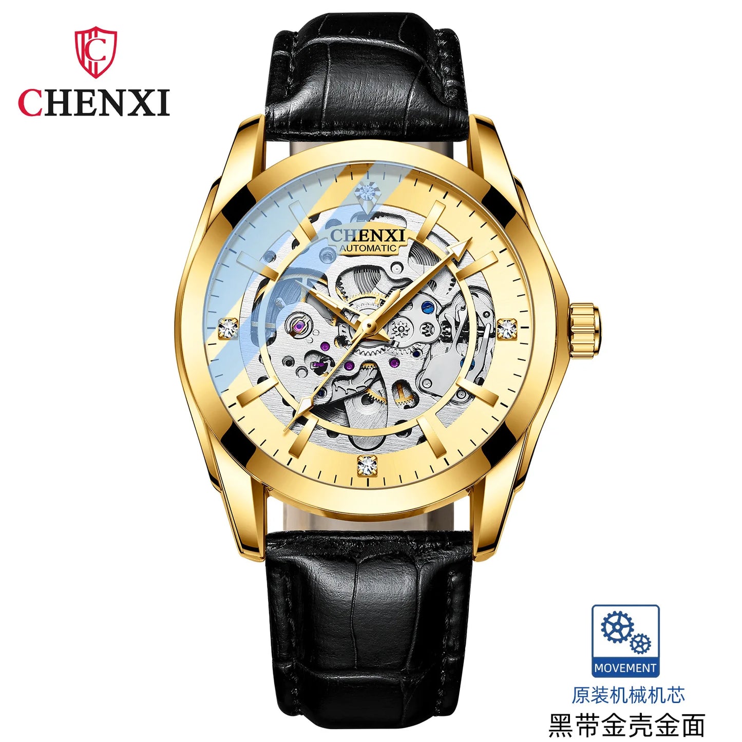 CHENXI
8821 Men’s Transparent Skeleton Watch – 40mm Automatic Movement, Waterproof Leather Wristwatch