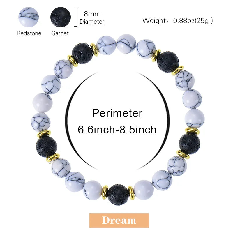 Handmade 8mm White Howlite & Lava Stone Beaded Bracelet | Natural Stone Jewelry for Career, Wealth, Luck & Personal Meaning Lilia