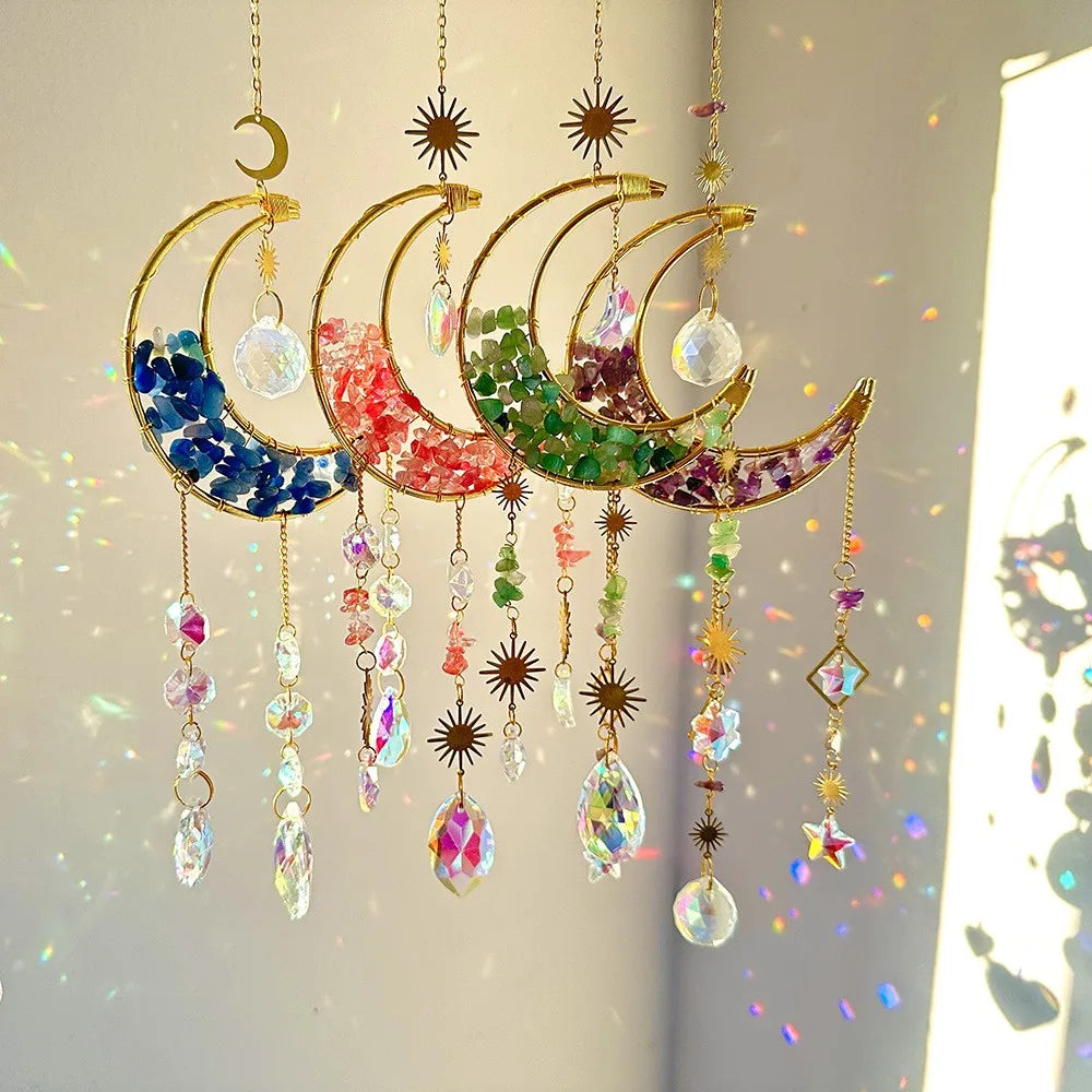 Natural Crystal Handmade Hanging Sun Catcher – Moon-Shaped Crystal Sun Catchers, Hanging Prisms & Rainbow Makers
