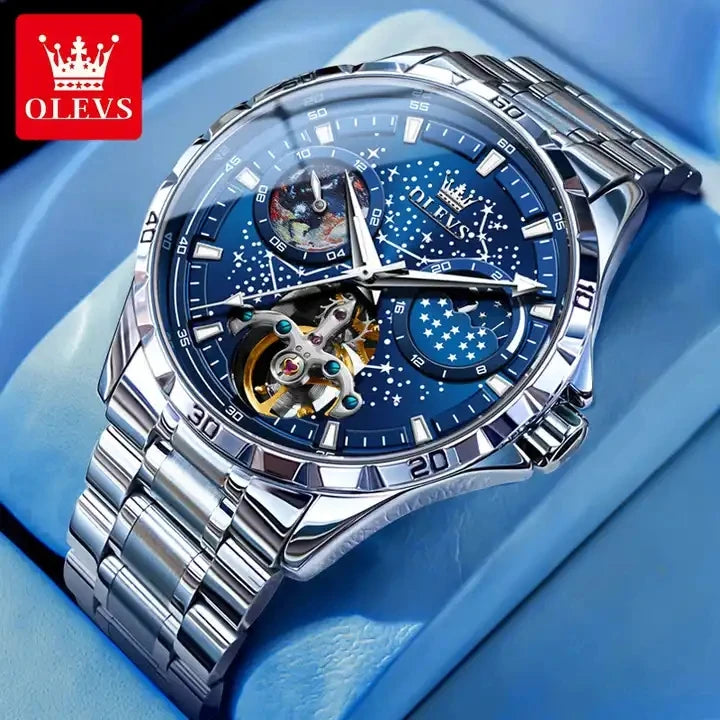 OLEVS 6689 Men's Automatic Mechanical Watch – Luxury Skeleton Design with Starry Sky Dial, Multifunctional Features, Stainless Steel, and Leather Strap