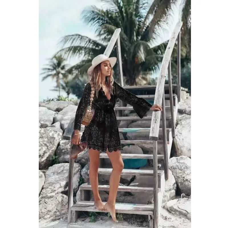 Women Bikini Cover up Floral Lace Hollow Crochet Swimsuit Beachwear Tunic Beach Dress