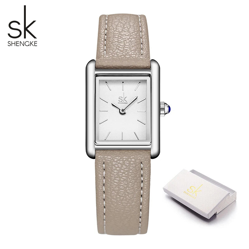 Shengke Women’s Silver Leather Watch – Elegant Ladies’ Quartz Wristwatch with Gift Box Temperance