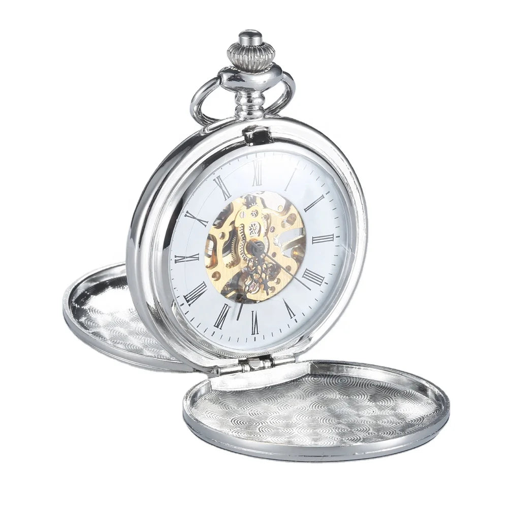 Blank Silver Smooth Double Full Hunter Case Pocket Watch – Steampunk Skeleton Dial Mechanical Watch with Chain Arnaud