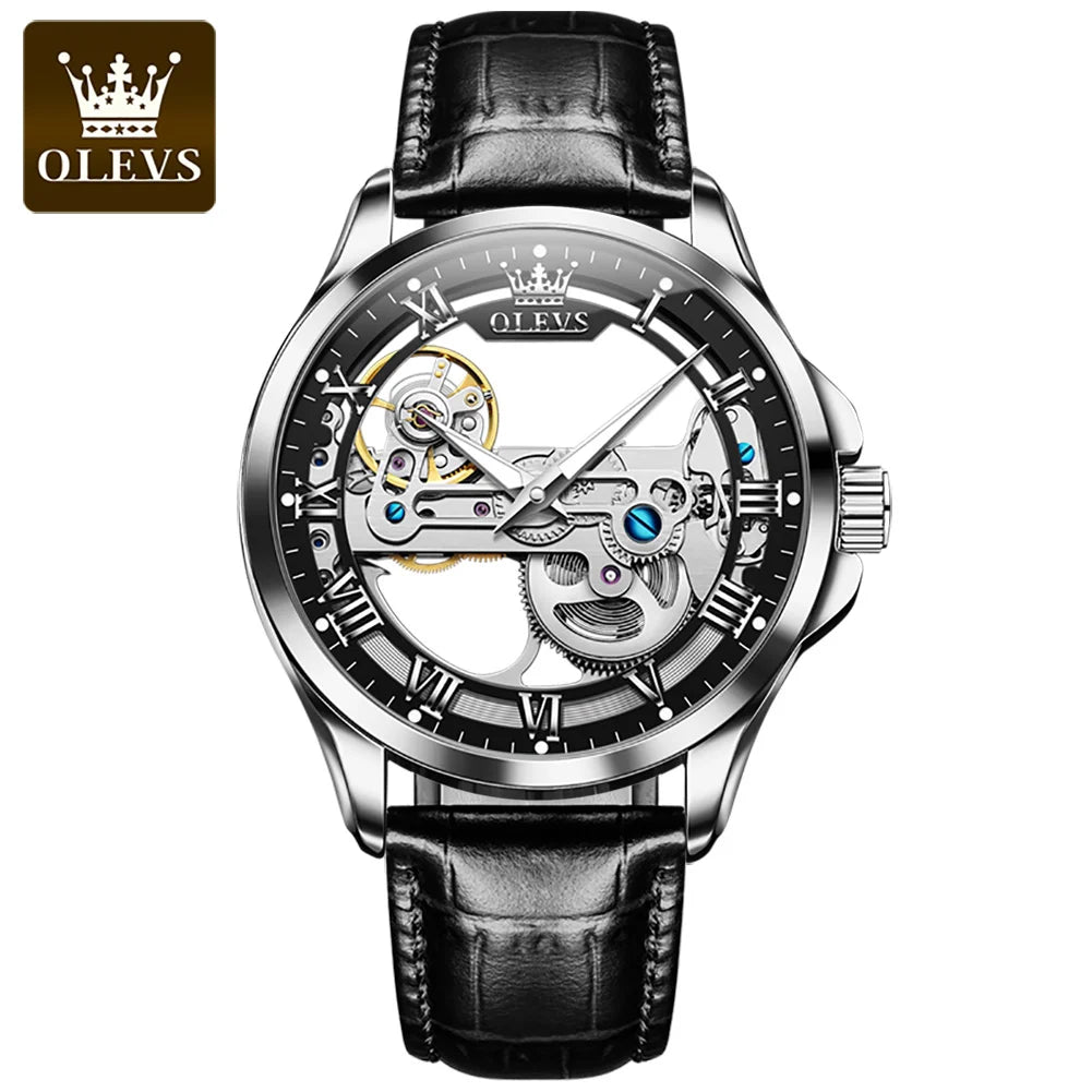 OLEVS 6661 Men's Mechanical Watch – New Design, Skeleton Dial, Real Leather Band, Waterproof, Transparent Mirror Wristwatch