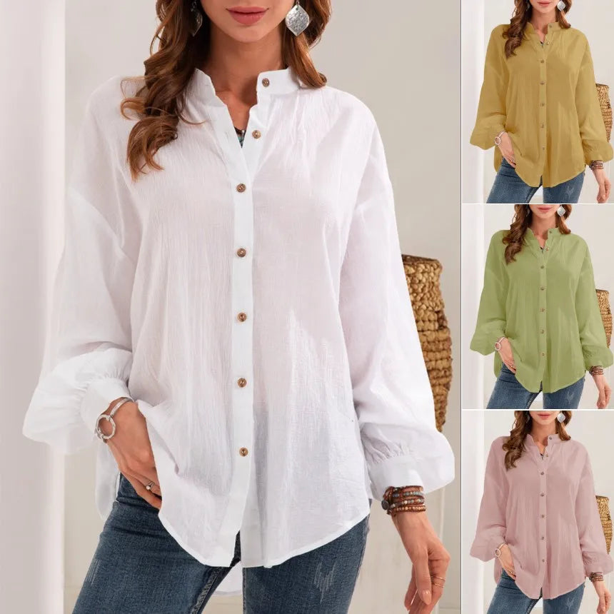 Women Solid Color White Loose Tops Long Sleeve Casual Shirts Stand Collar Button Spring Shirt