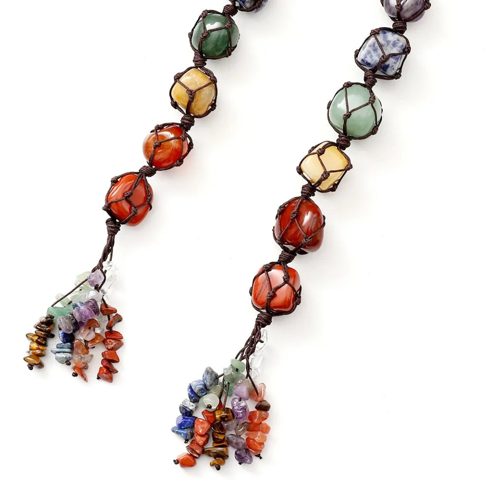 7 Chakra Irregular Natural Stone Pendant – Multicolor Handwoven Seven Chakra Energy Healing Crystal Gemstone Car Charm