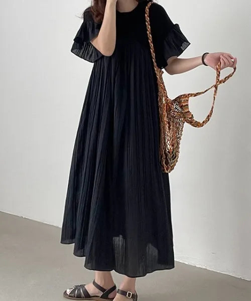 Women's Loose Pleated Patchwork Dress – Flying Sleeve Long Skirt, Casual and Stylish