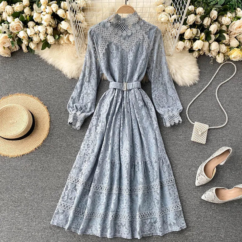 Women's Fall Winter Long-Sleeve Lace Midi Dress – Elegant Hollow-Out Design with Stand Collar and Empire Waist
