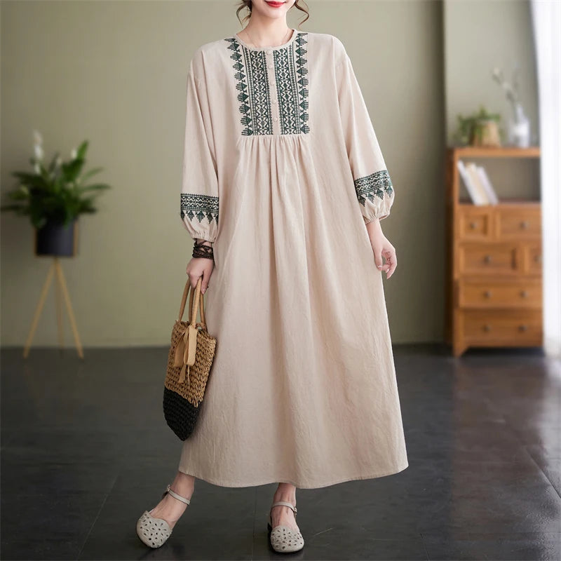 Women’s Loose Embroidered Long Dress – Extra Wide Cotton Linen with Round Neck