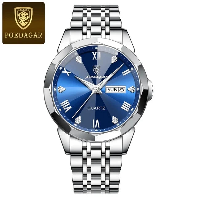 POEDAGAR 810 Men's Luxury Business Watch – Stainless Steel Waterproof Quartz Watch with Luminous Hands, Date Display, and Blue Dial Gerard