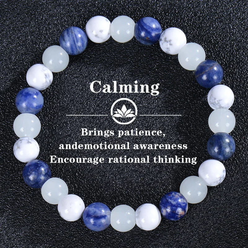 8mm Blue Veins Stone & Green Natural Stone Bracelet | Handmade Elastic Healing Beaded Jewelry with Flower Design Anaya