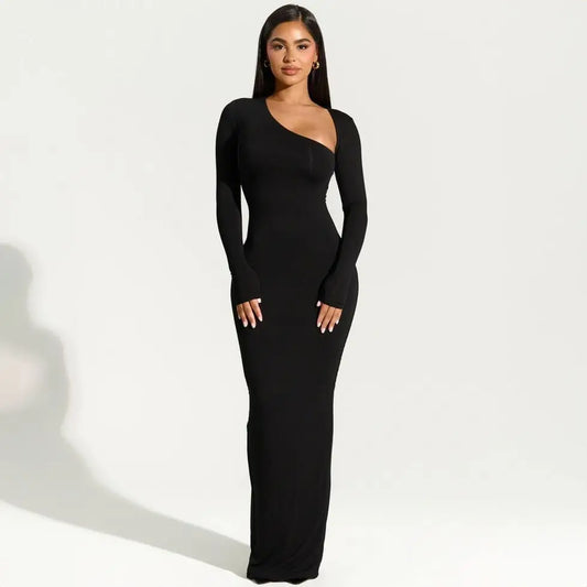 Sexy Black Maxi Party Dress for Women – Elegant Fall/Winter Asymmetrical Long Sleeve Evening Club Dress with Side Split