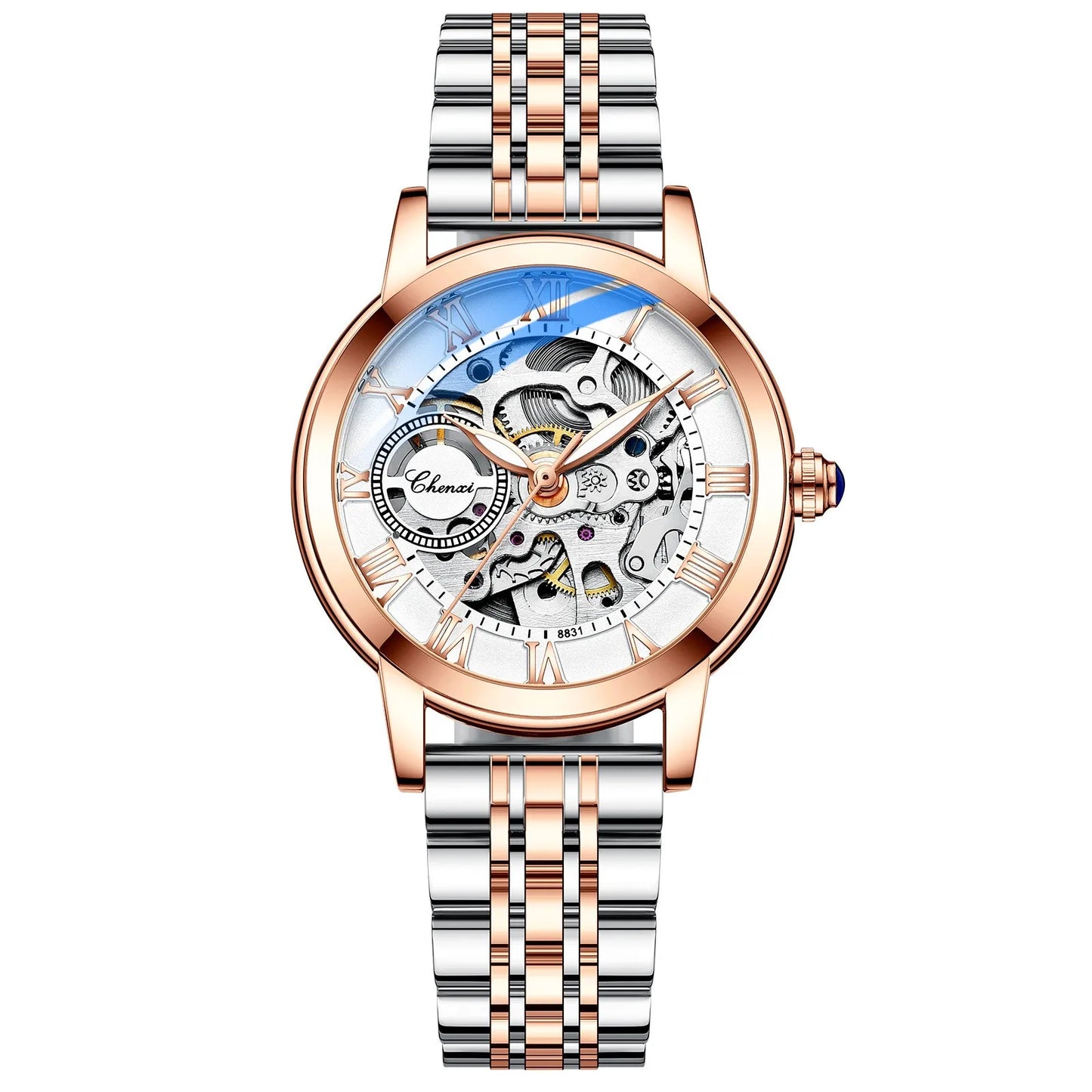CHENXI 8831 Women’s Casual Rose Gold Skeleton Watch – Fully Automatic Mechanical Wristwatch with Luminous Steel Band