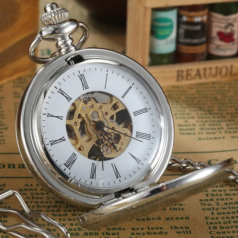Blank Silver Smooth Double Full Hunter Case Pocket Watch – Steampunk Skeleton Dial Mechanical Watch with Chain Arnaud
