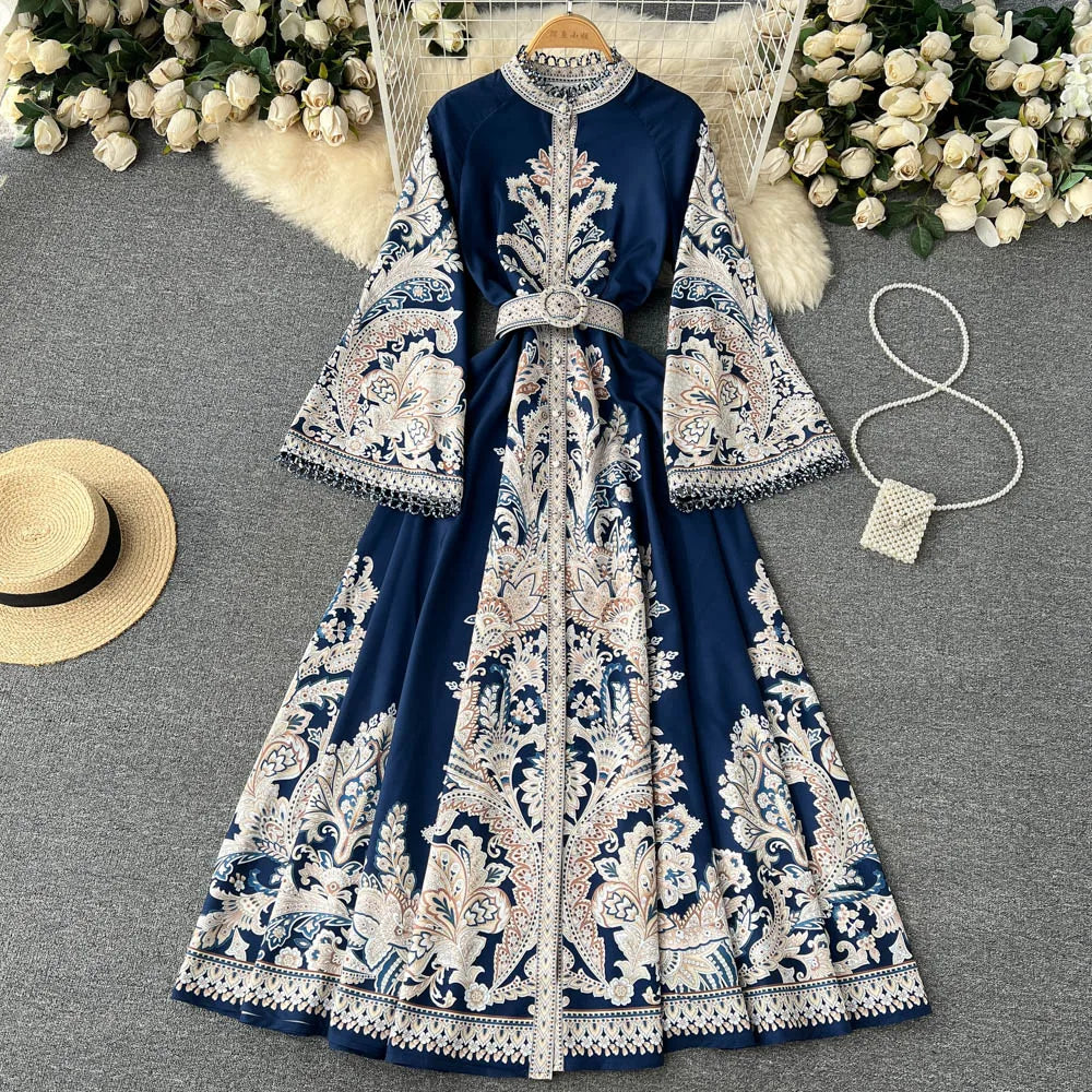 Women's Retro Print Long-Sleeve Swing Dress – Spring/Autumn Fashion with Stand Collar and Fitted Waist