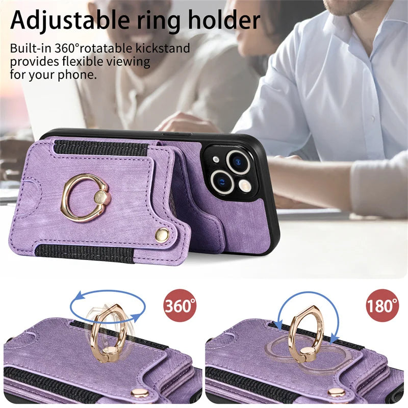 Leather Card Holder Phone Case – Protective Cover with Strap for iPhone 15, 14, 13