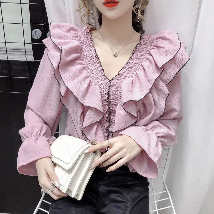 Women's Ruffle Pleated Chiffon Blouse – Court Style, Solid Color, Flare Long Sleeve Casual Top